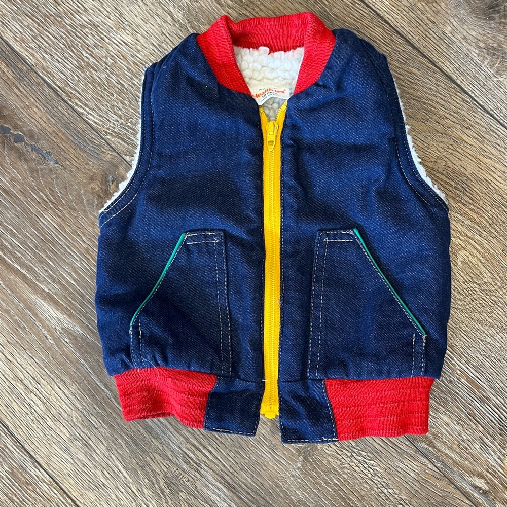 Vtg. HEALTH-TEX Denim Vest Sherpa lined Yellow Zipper 18 MO. USA Made **Flaw?**